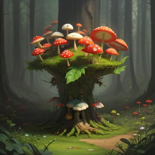 Cartoon Fly Agaric in Fantastical Forest