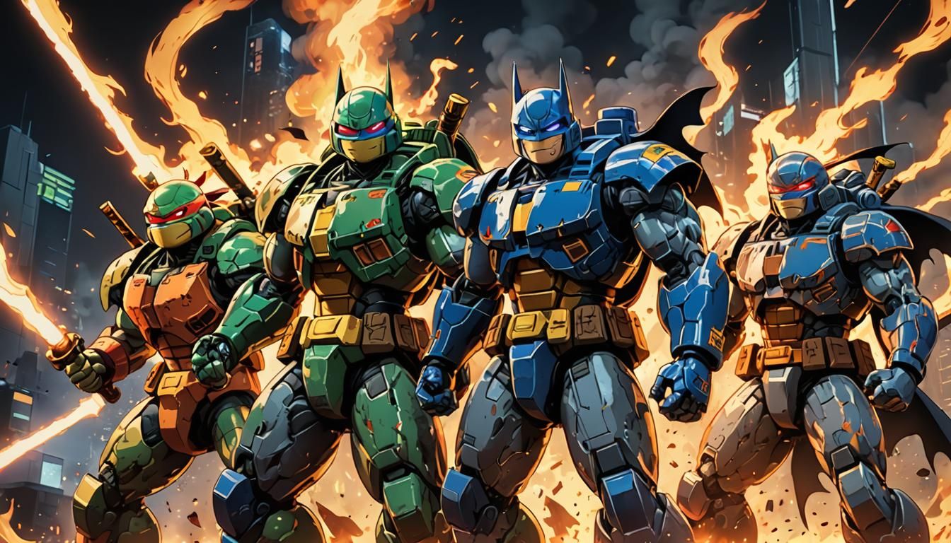 Dynamic Gundam Ninja Turtle Artwork in Ghibli Style