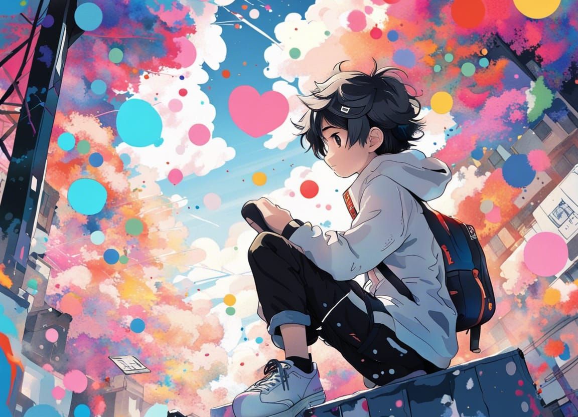 Colorful Anime Boy Enjoys Technology and Nature