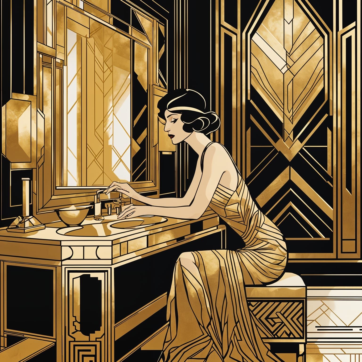 Art Deco Gold and Black Line Art Painting