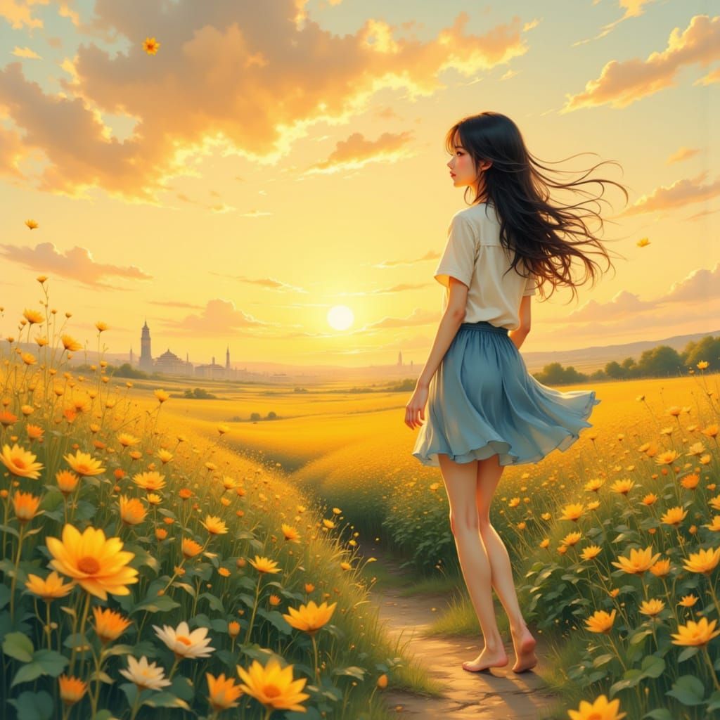 Sunset Flower Field: Anime Style Semi-Realism