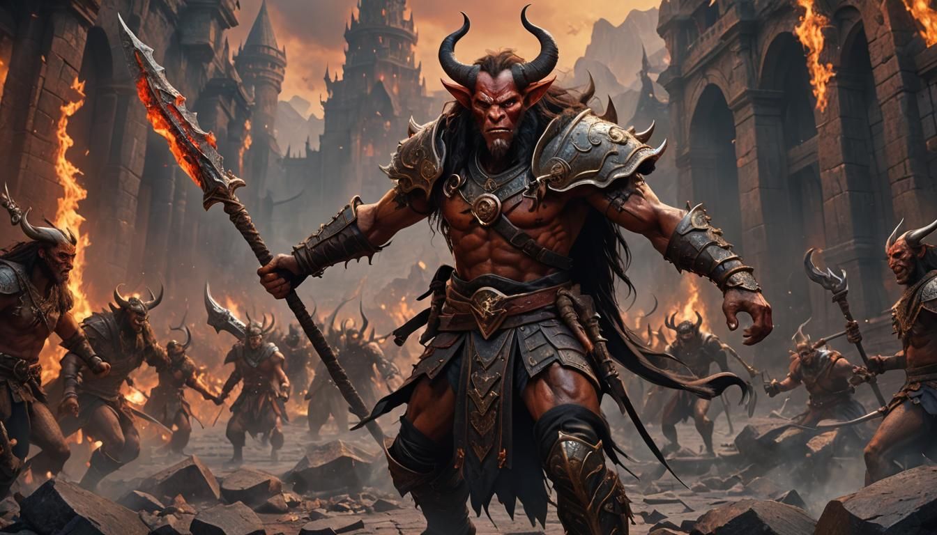 Tiefling Barbarian King in Hell, Fantasy Concept Art