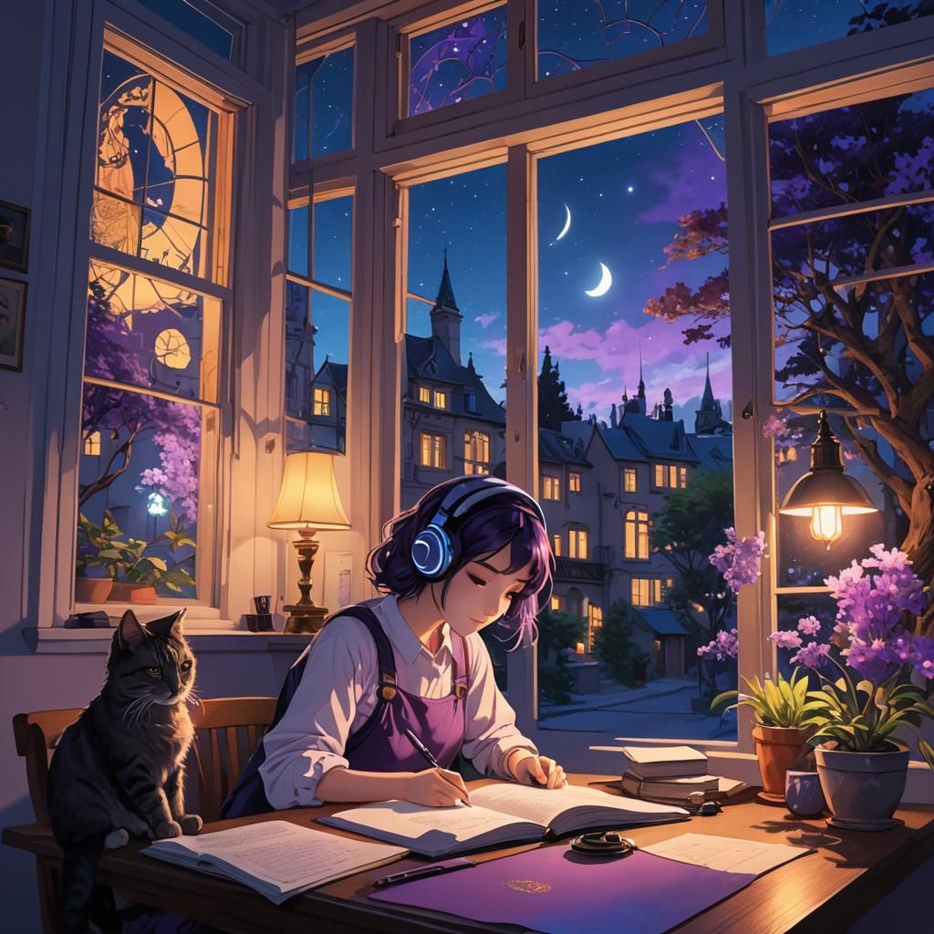 Lofi Girl Studying at Night with Comet in Anime Style