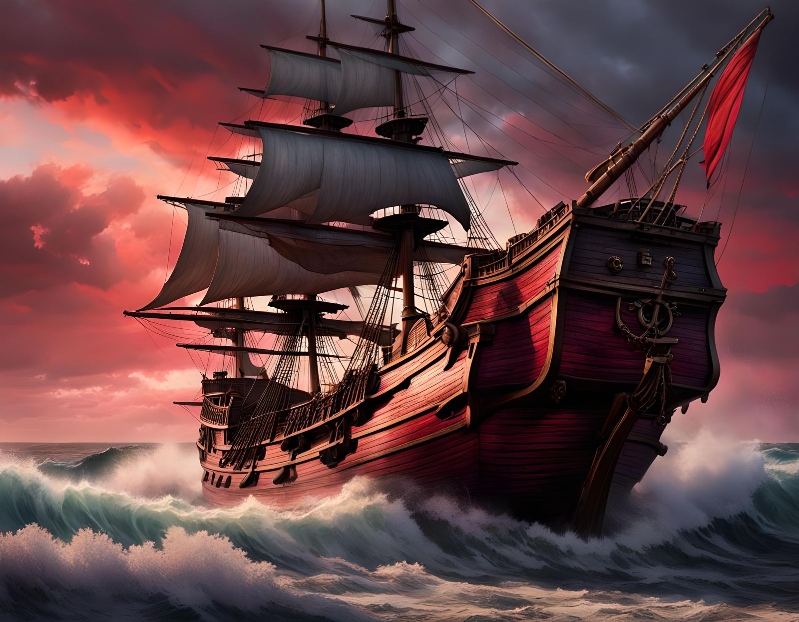 Pirate Galleon Battles Crimson Tempest: Hyperrealistic Splas...