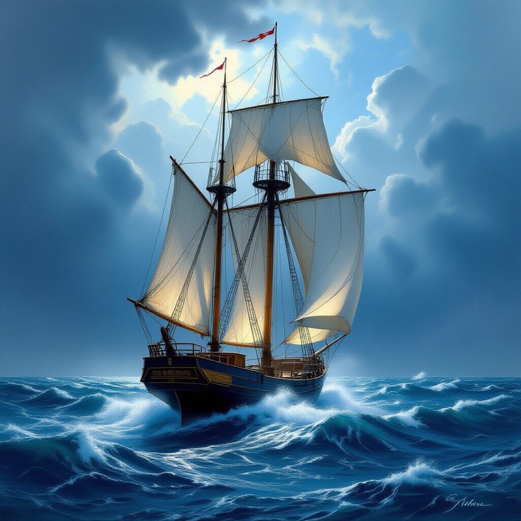Majestic Sailboat Battles Stormy Seas in Epic Illustration