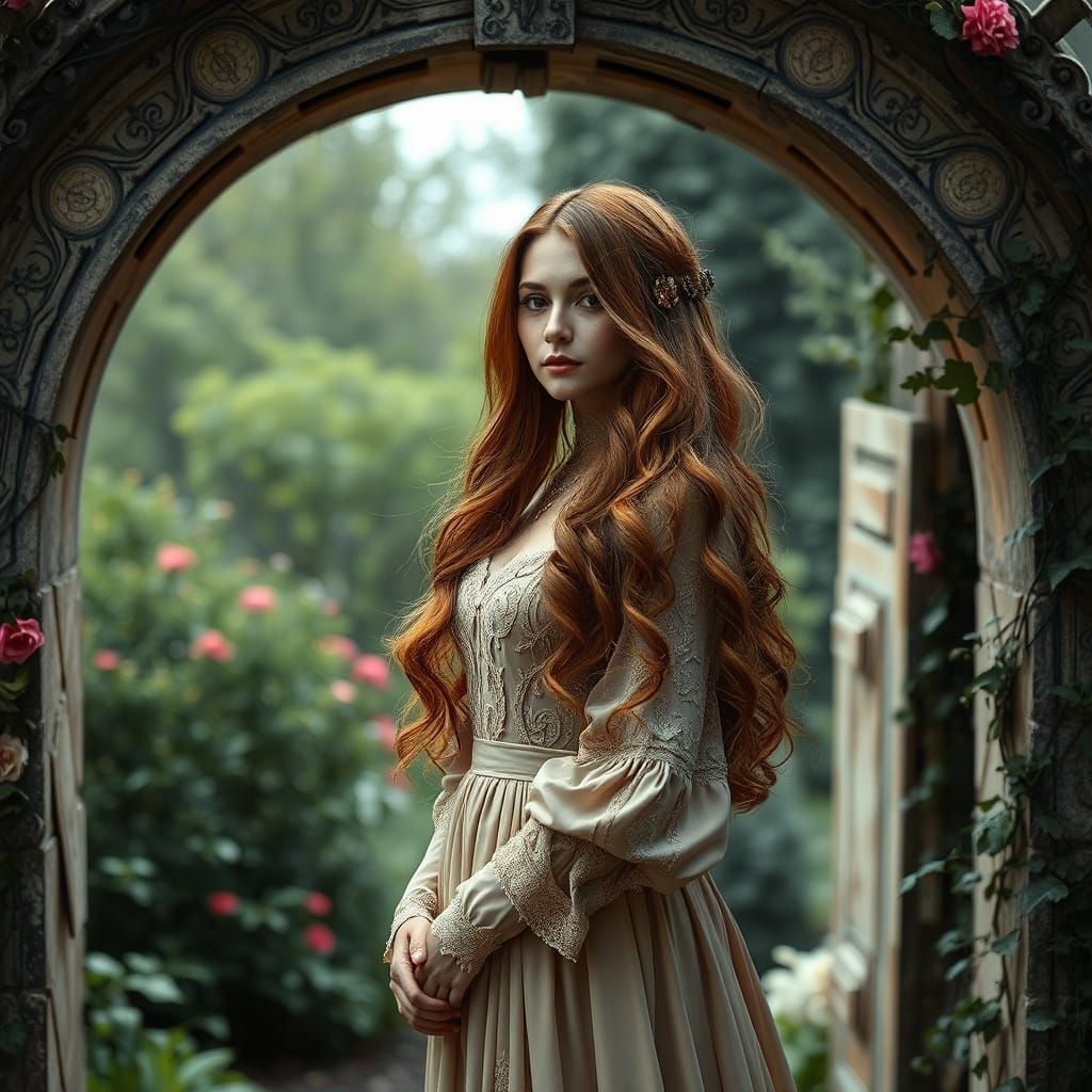 Victorian Woman in Steampunk Garden Archway