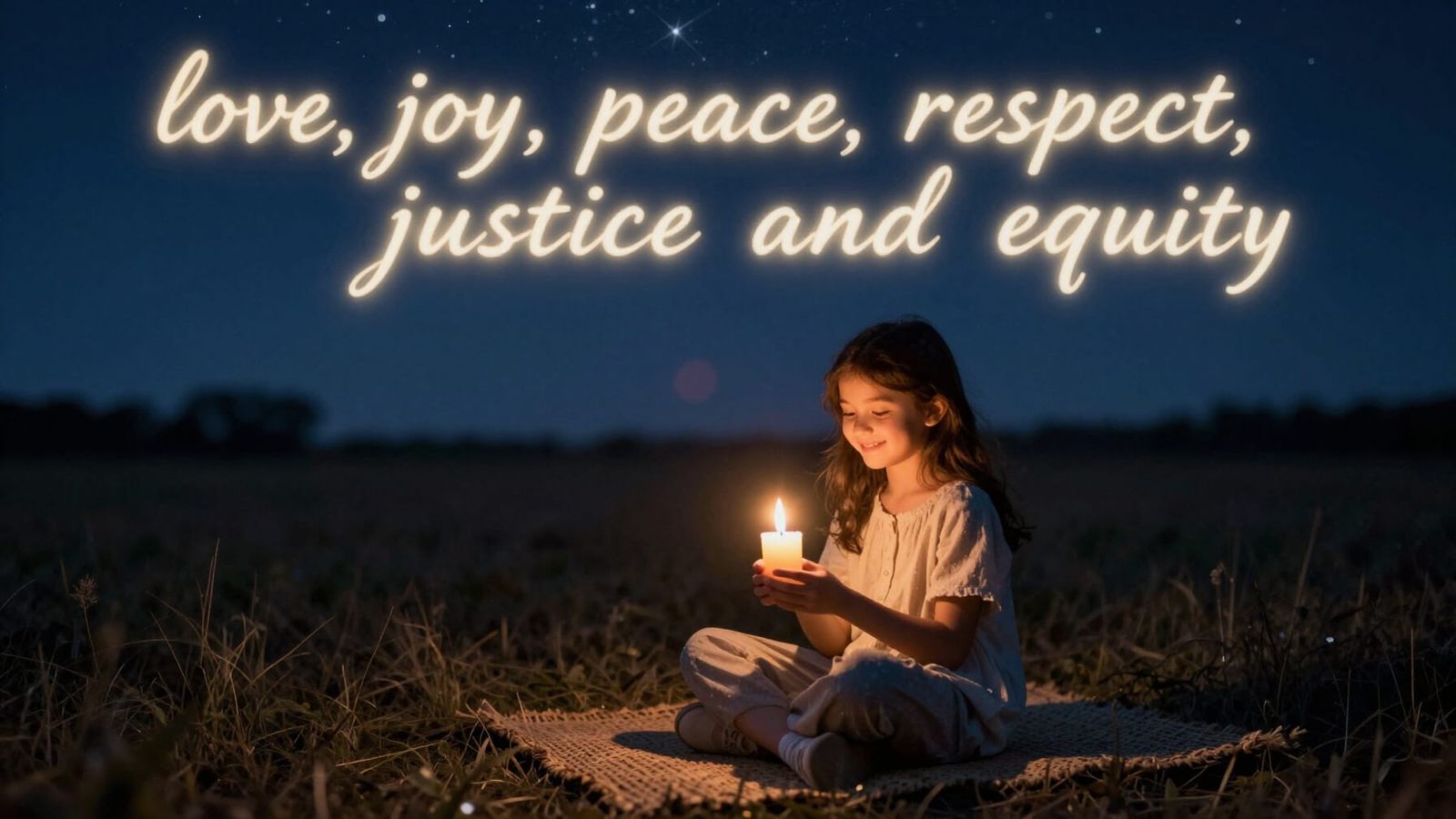 Girl Praying Under Starlit Sky with Glowing Words
