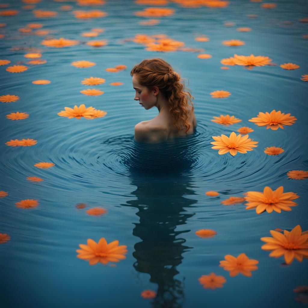 Wavy Blue Reflection: Floral Surrealism in Teal and Orange