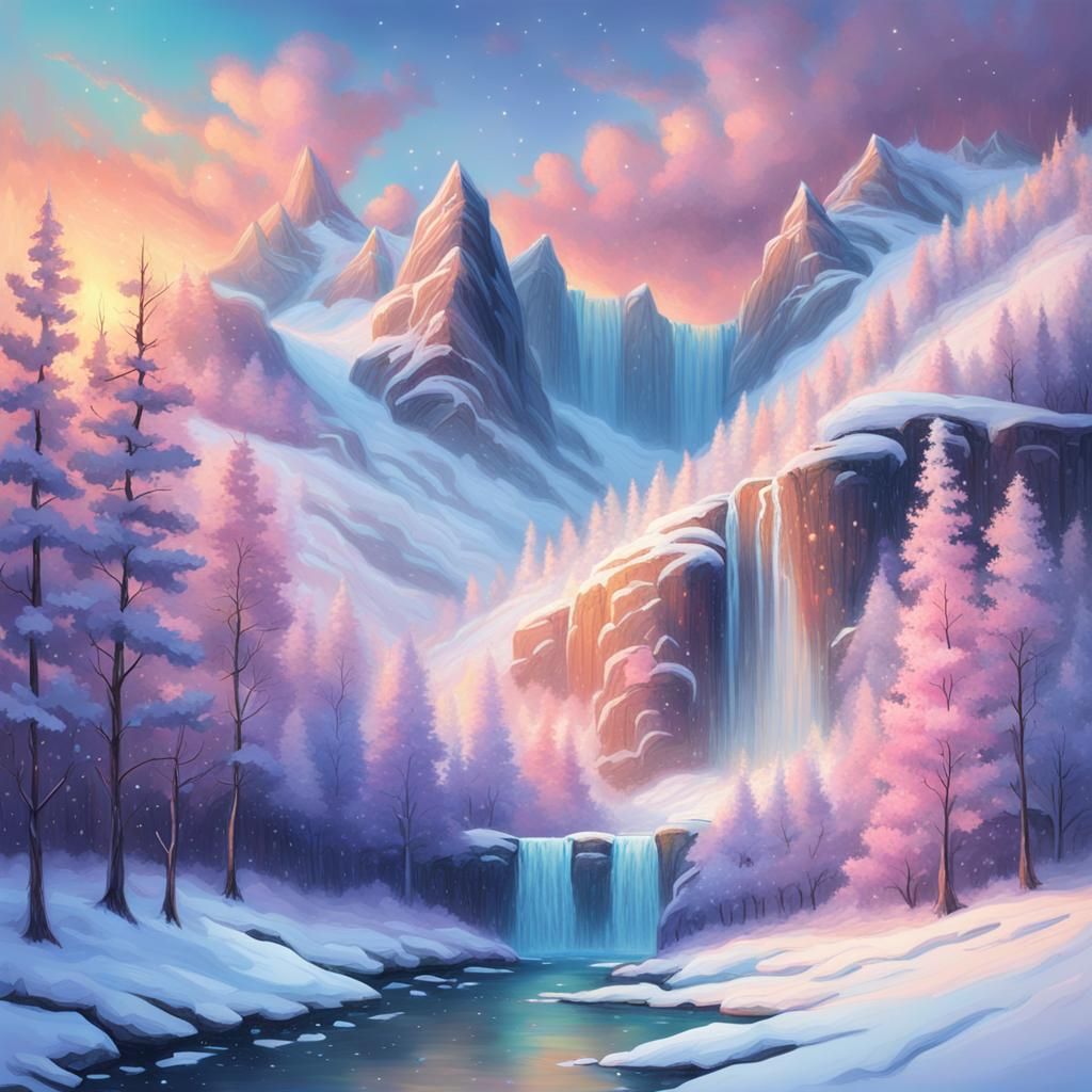 Winter Mountain Landscape in Pastel Style