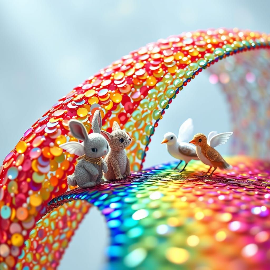 Whimsical Rainbow Bridge with Adorable Animals in Pastel Hue...