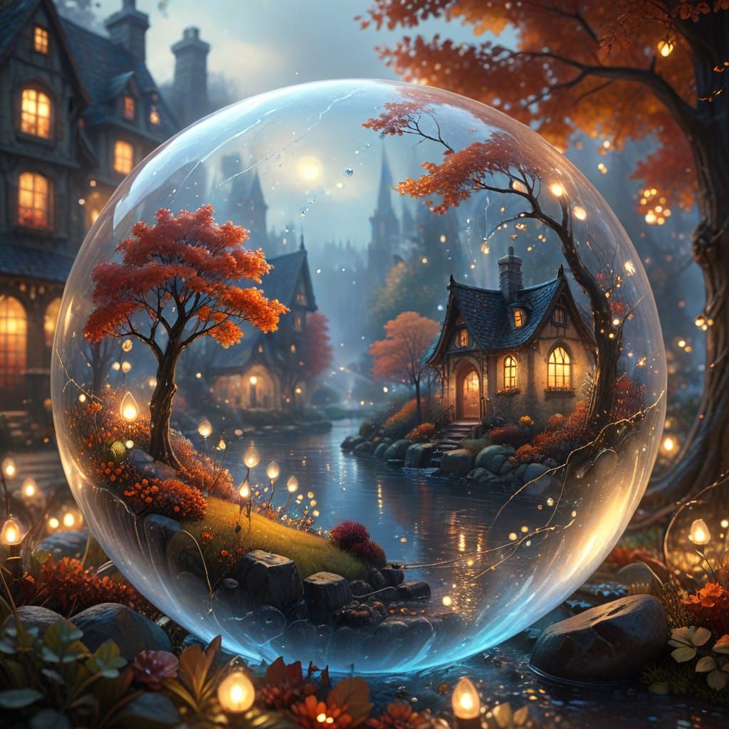 Ethereal Glass Bubble With Fairy Lights and Fall Scene