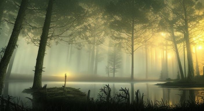 Night Forest Lake: A Fantastical Landscape Painting