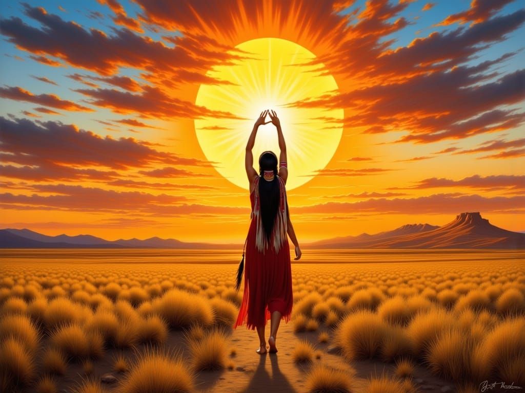 Native American Woman Embracing Sunlit Plains