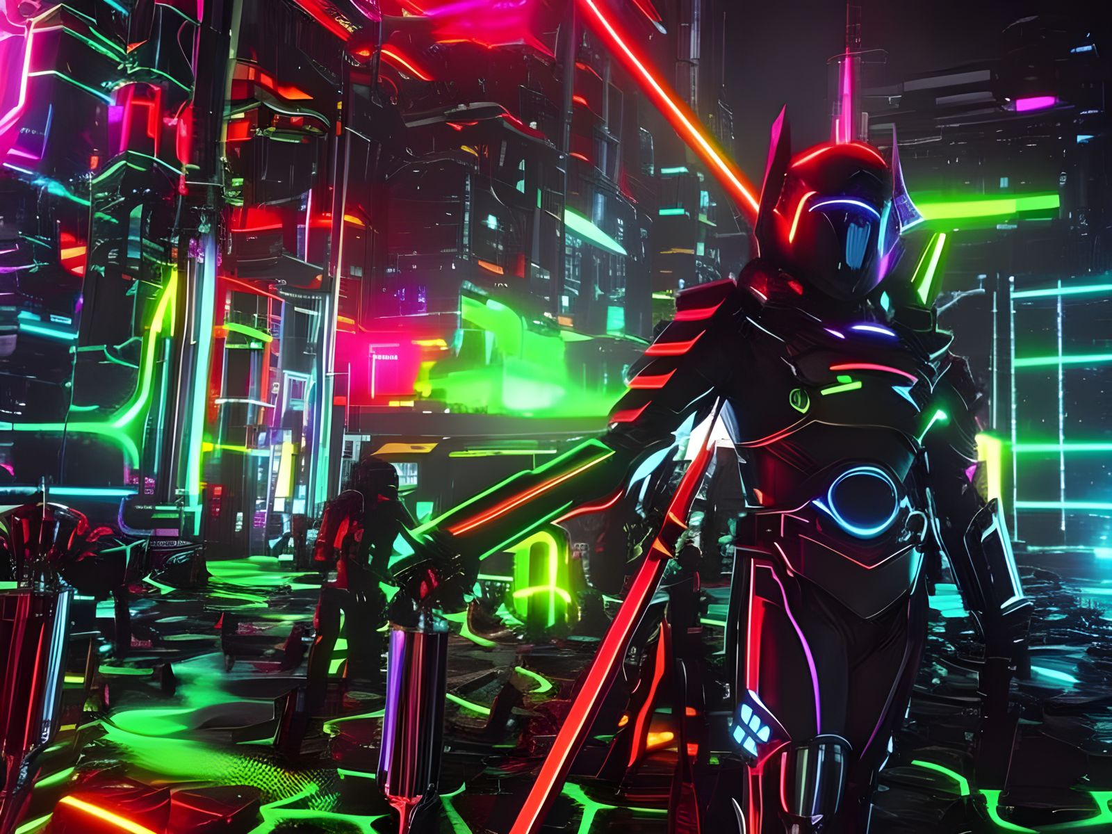 Cyberpunk Neon Knight in Dark Fantasy Armor
