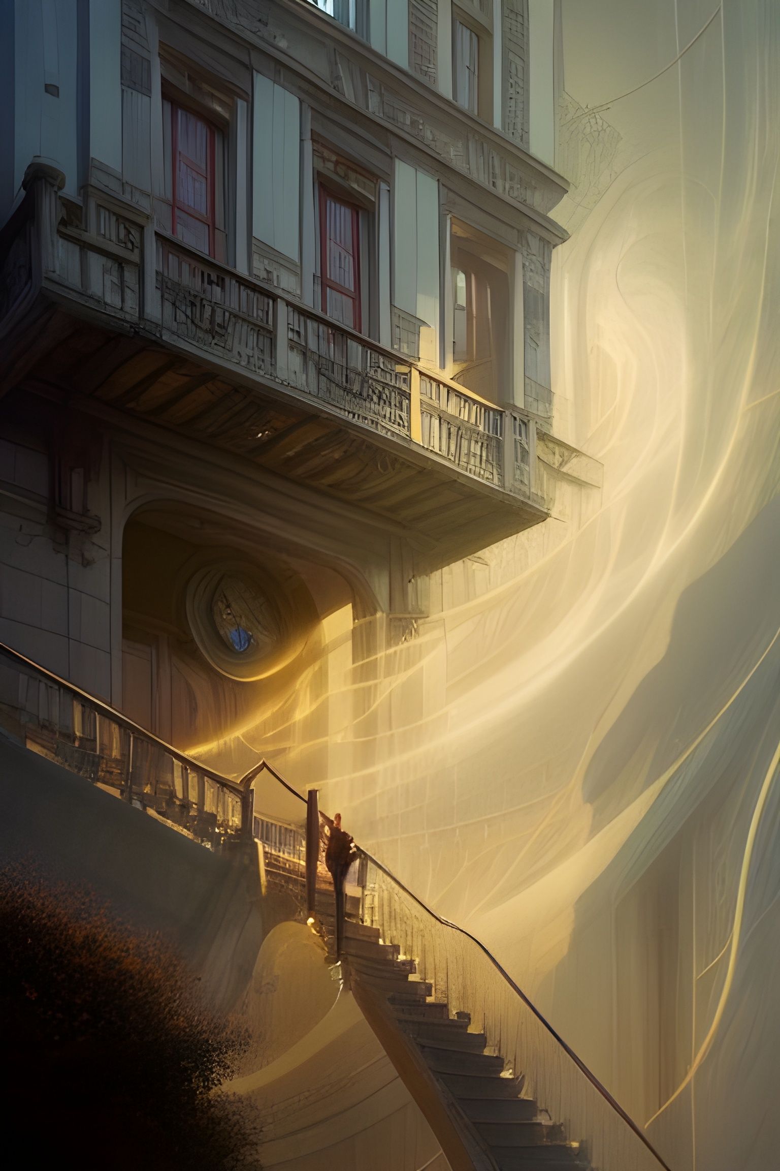 Surreal Stairway Ascends in Dreamlike Rococo Architecture