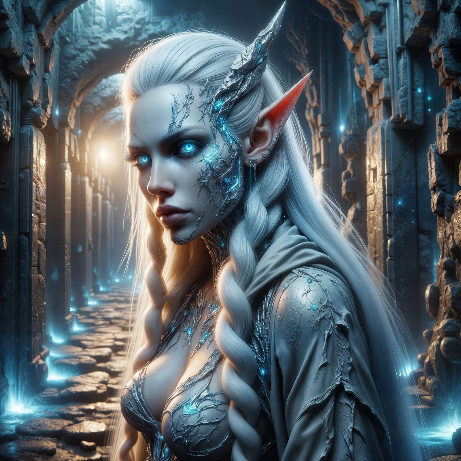 Albino Elf Escapes Lost Corridor with Ornate Knife