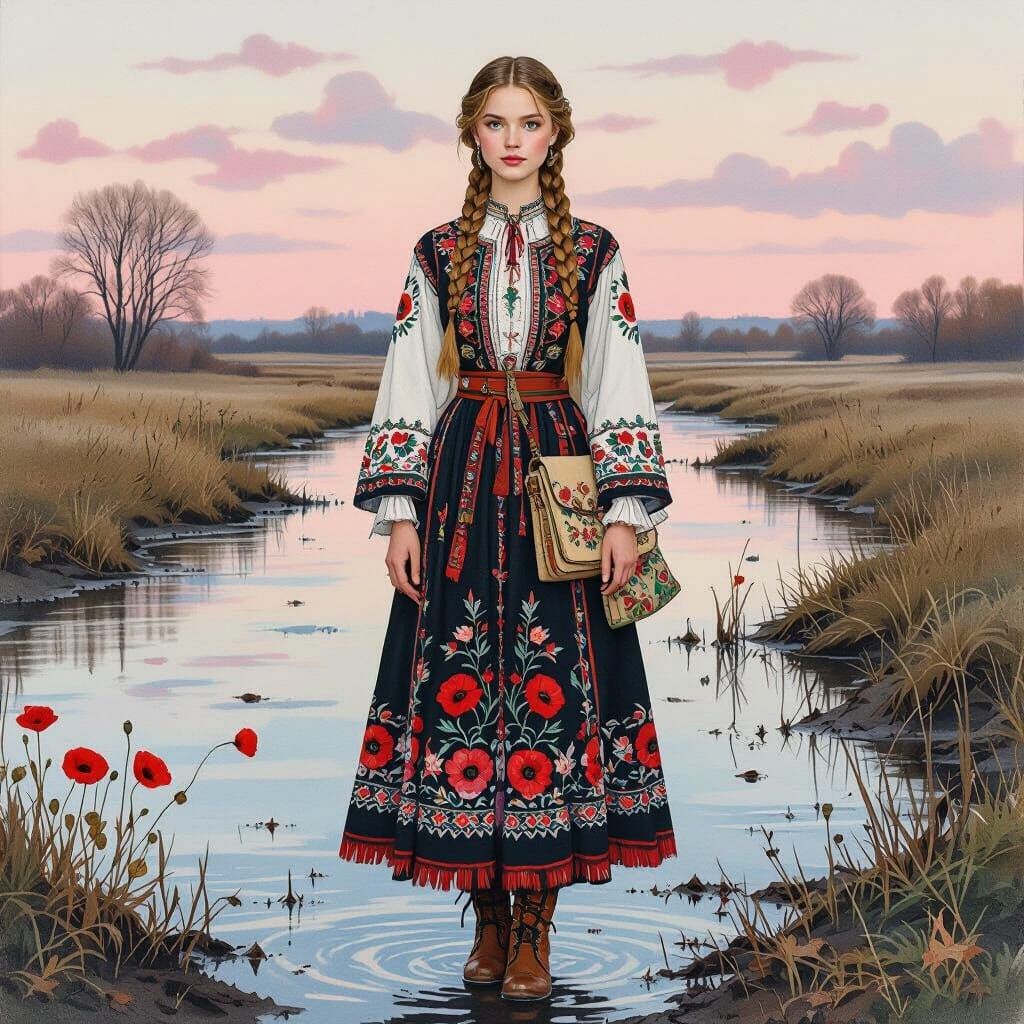 Ukrainian Woman in Spring Landscape as Watercolor Art