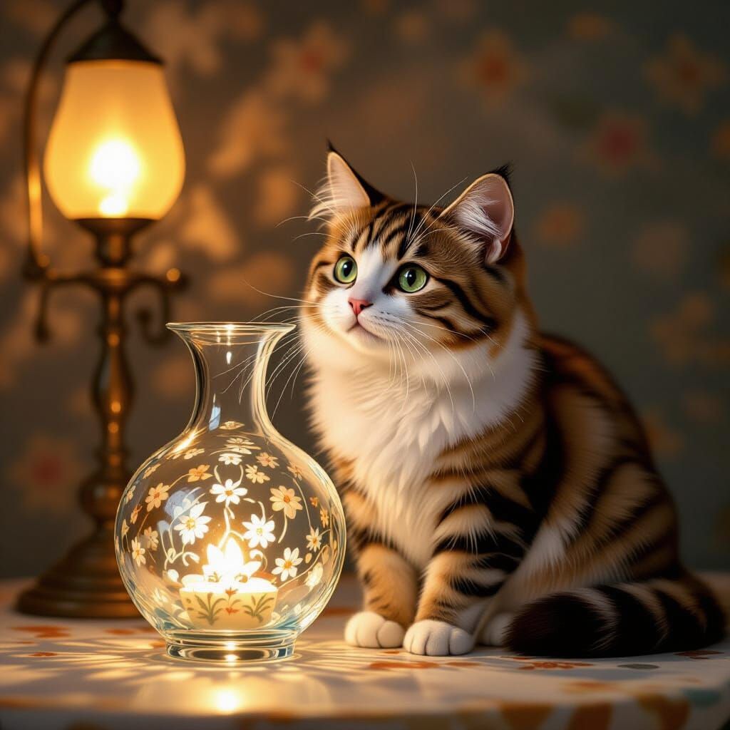 Whimsical Cat Examines Glass Vase in Soft Light
