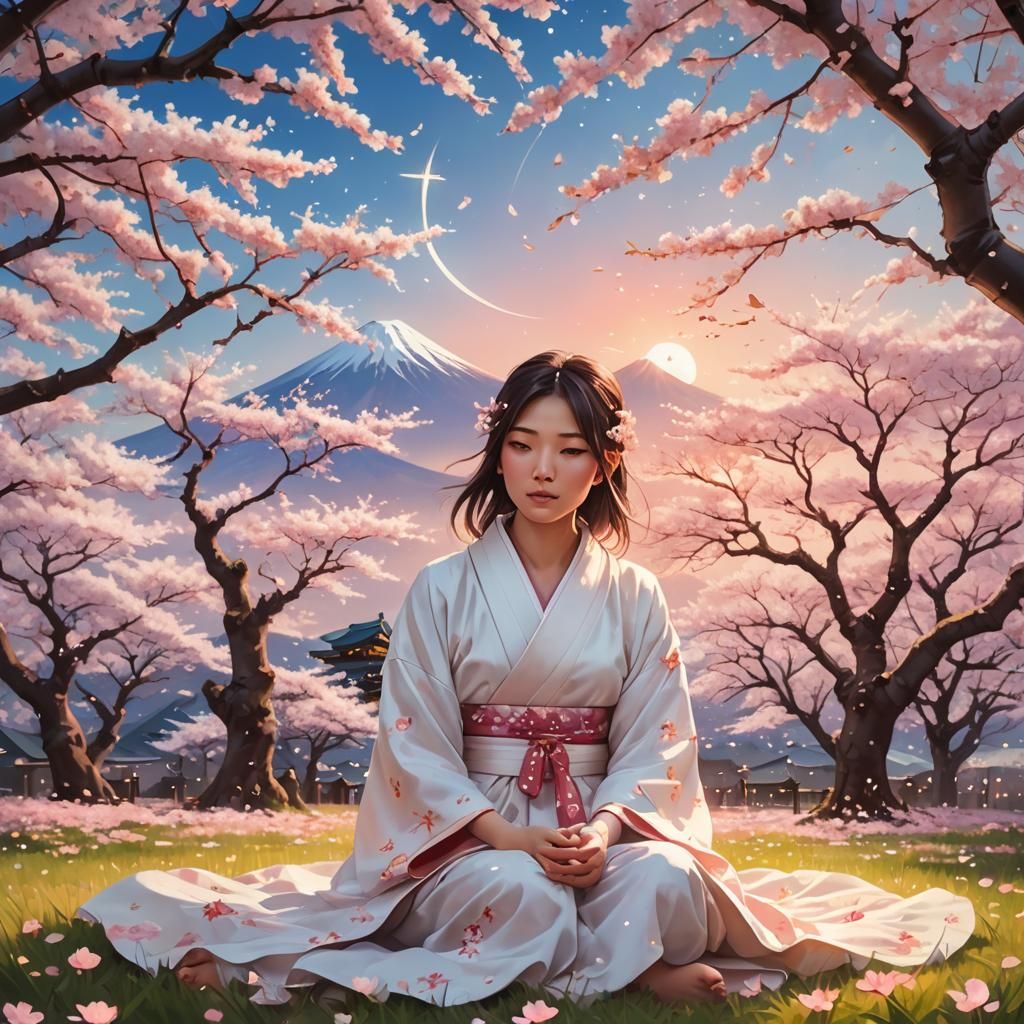 Japanese Girl in Cherry Blossom Field: Holographic Art