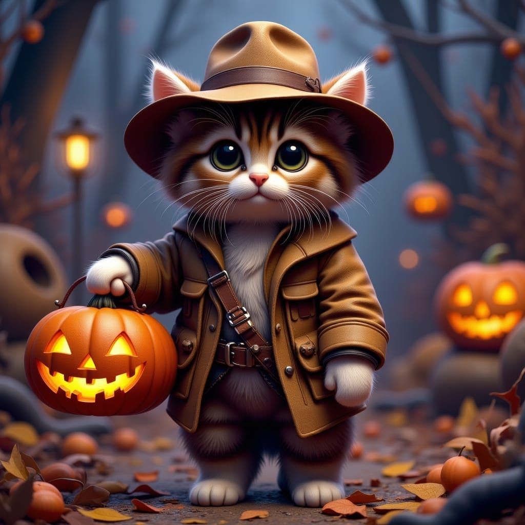 Kitten Indiana Jones Ready for Halloween Candy