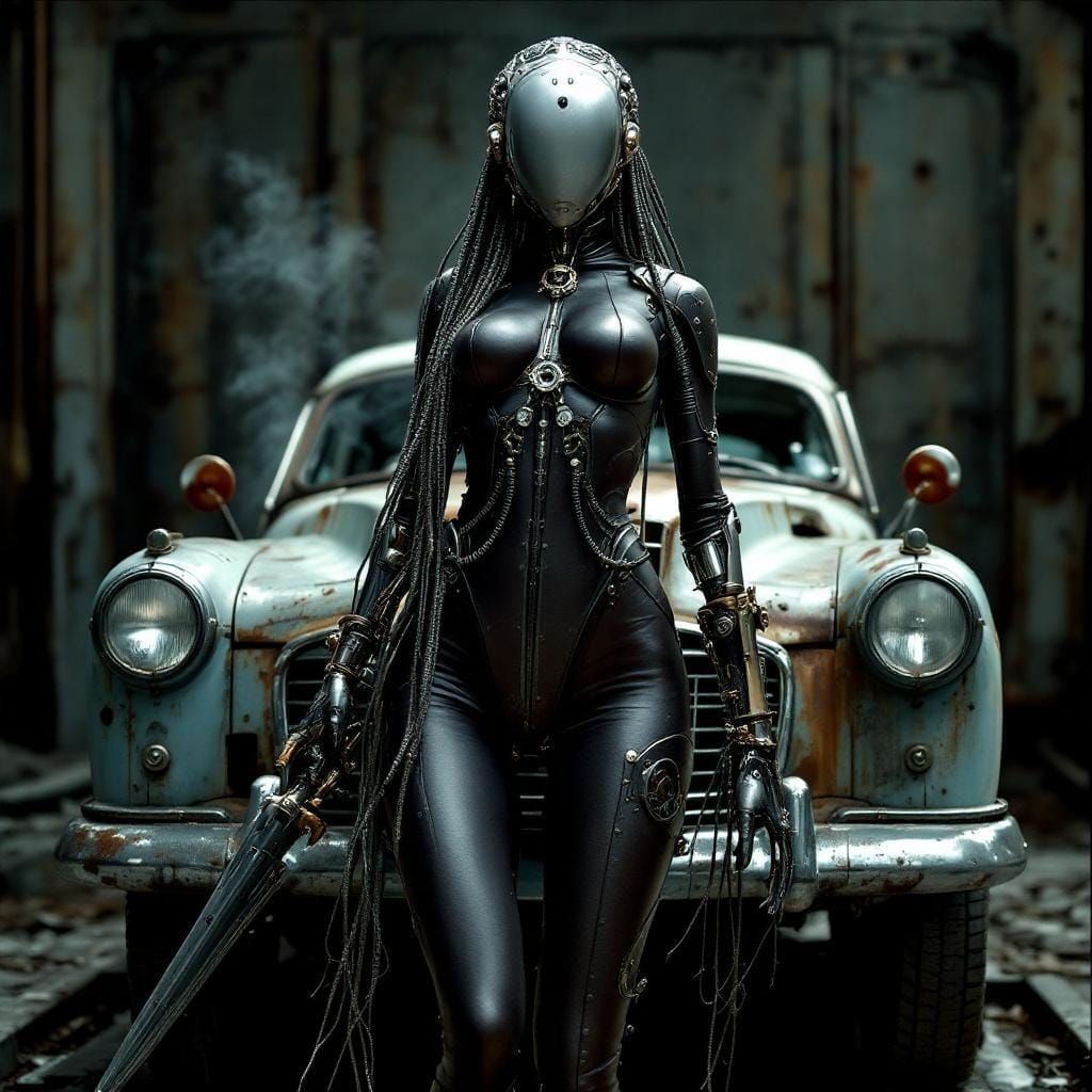 Steampunk Cyborg Woman with Rusted Soviet Car