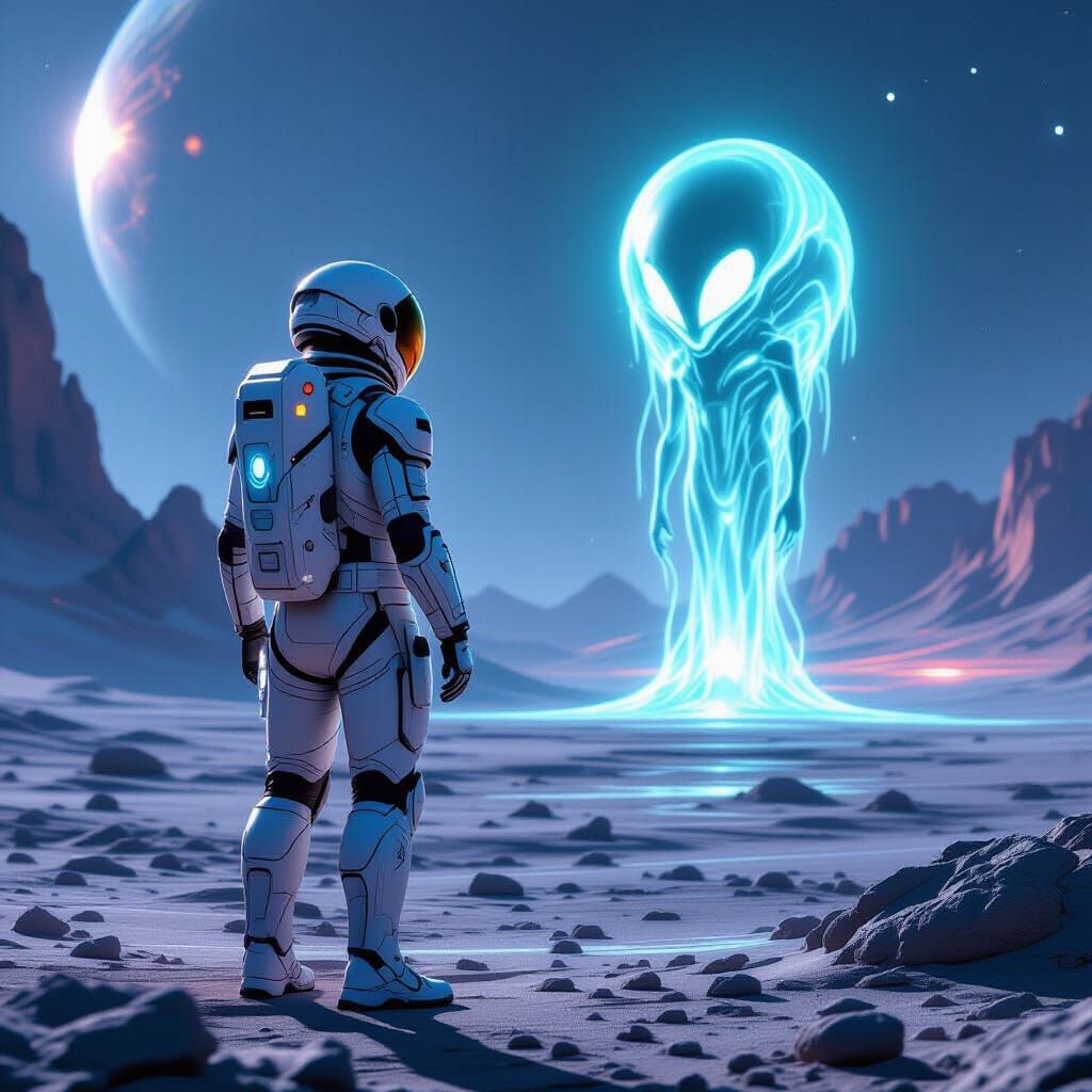 Astronaut Meets Alien on Barren Planet in Dystopian Style