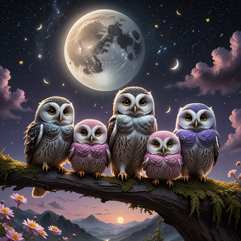 Whimsical Baby Owls on a Celestial Moonlit Scene