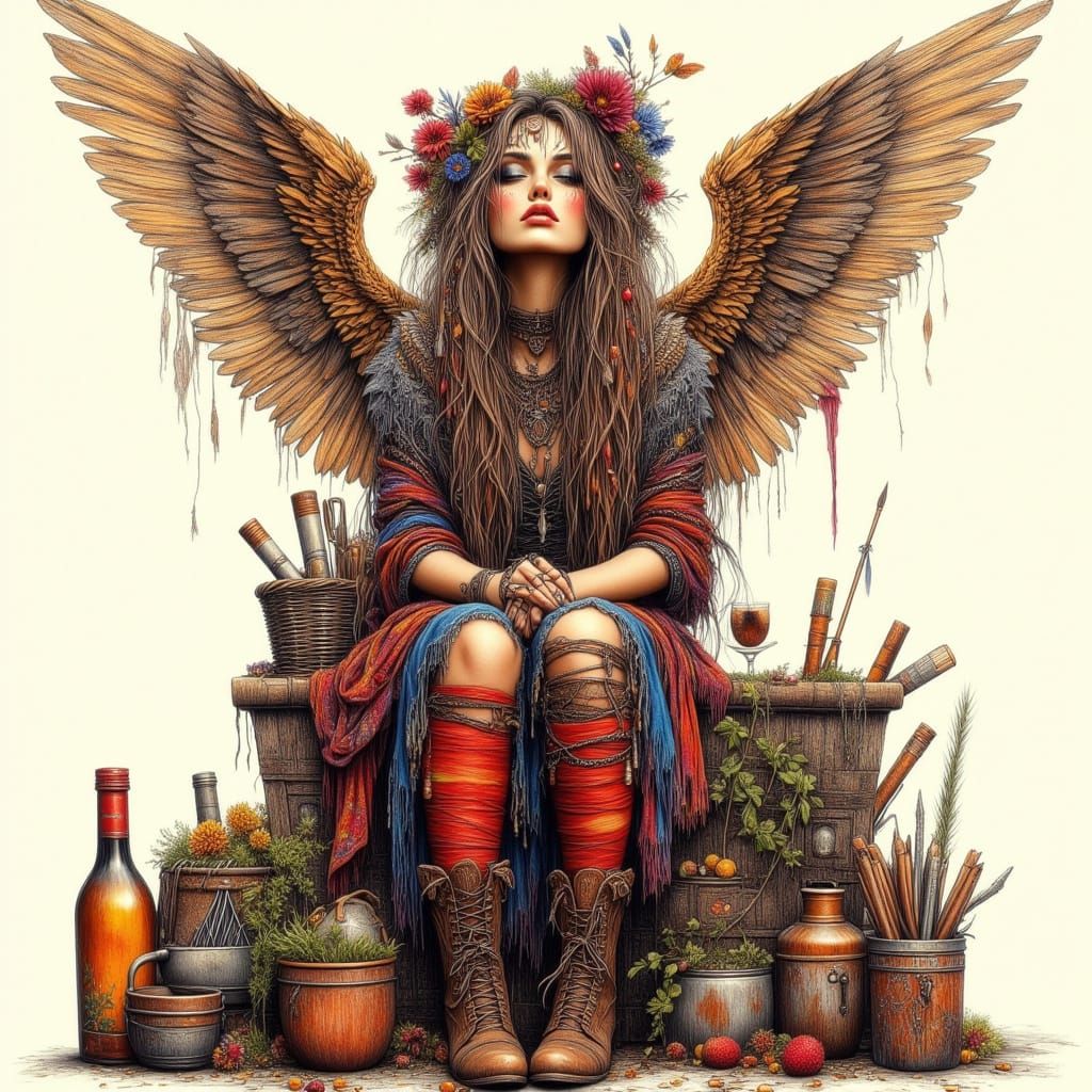 Whimsical Angel in Striped Red Stockings