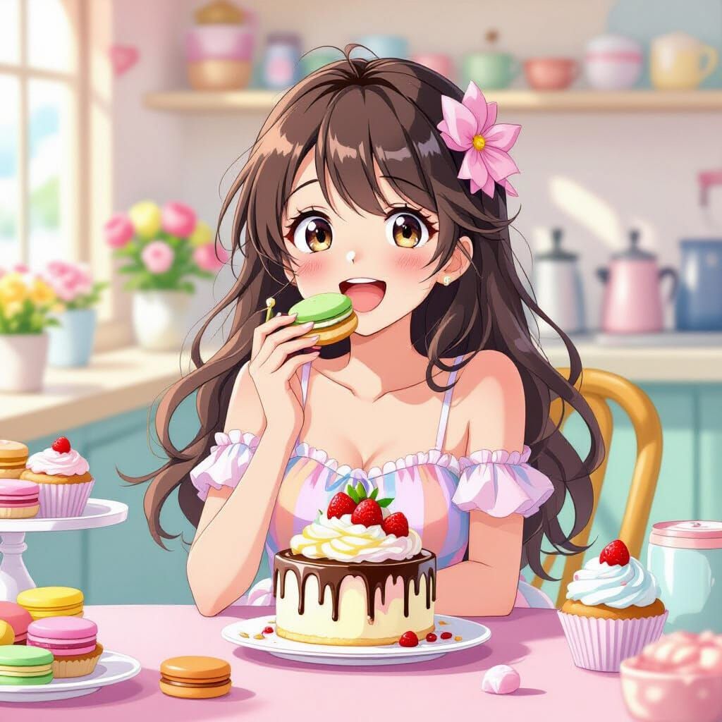 Anime Girl Devouring Dessert in Whimsical Style