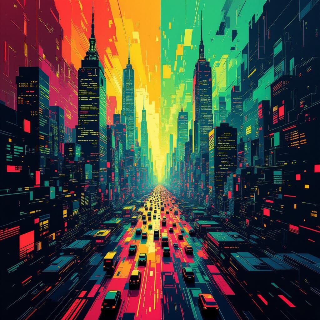 Futuristic City Pulse: Luminous Pixelated Urban Landscape