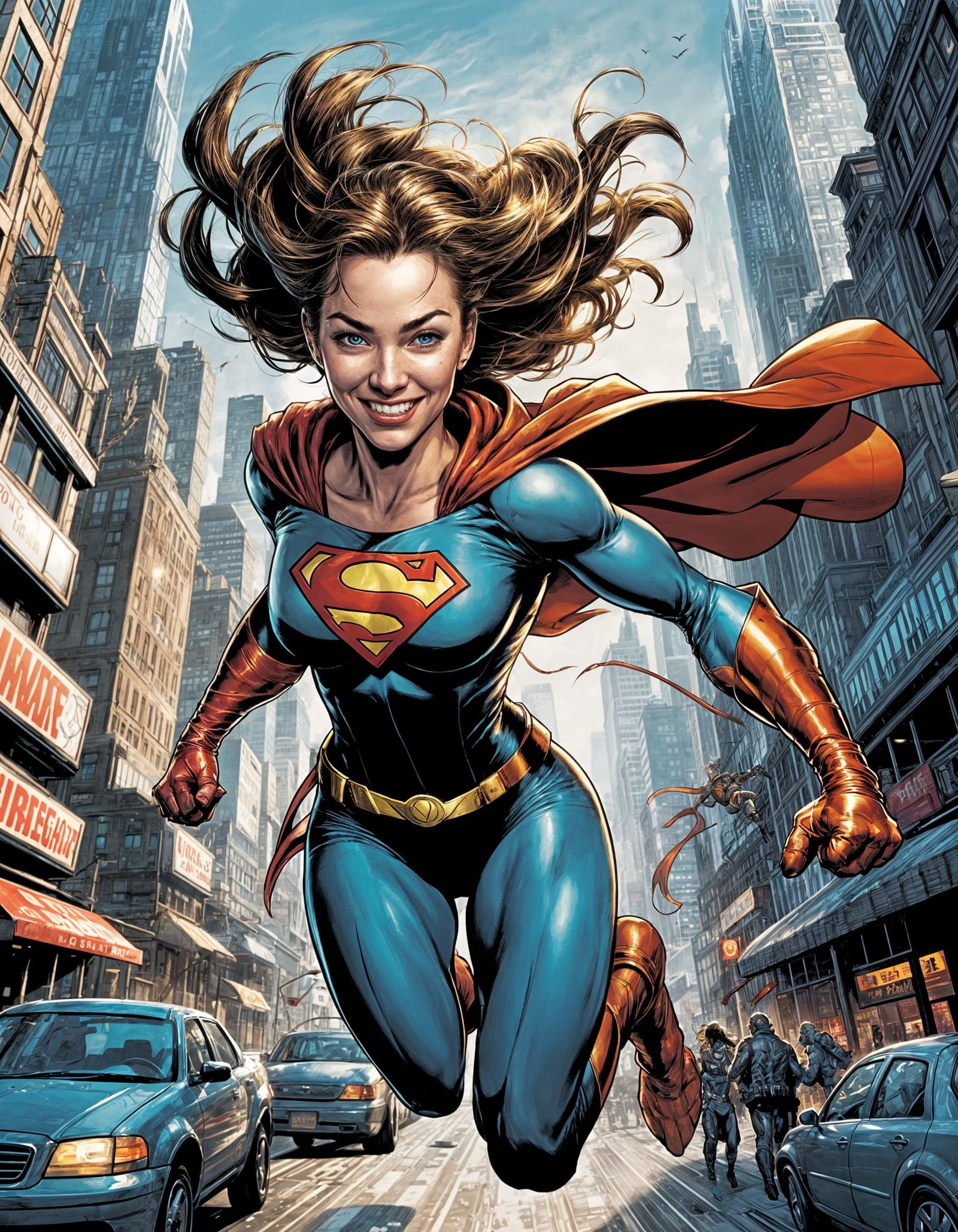 Female Superhero Soars Through Urban Metropolis in Comic Boo...