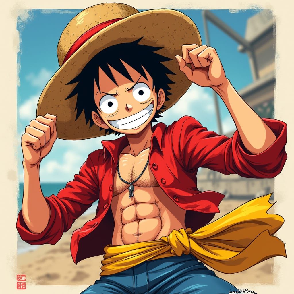 Vibrant Anime Key Visual of Monkey D. Luffy in Colorful Japa...
