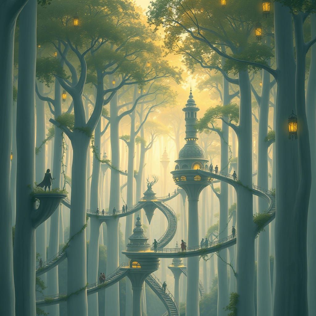Enchanted Elven Metropolis Amidst Towering White Forest