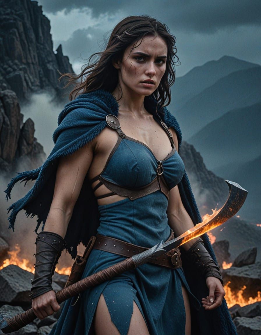 Heroic Blue Barbarian Warrior on Mountain Peak