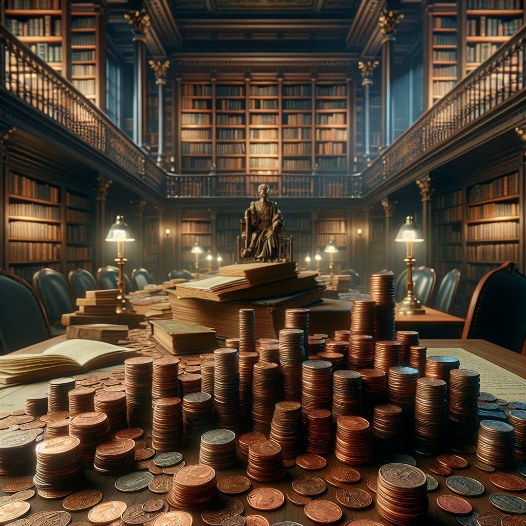 Hyperrealistic Pennies on Antique Table in Library