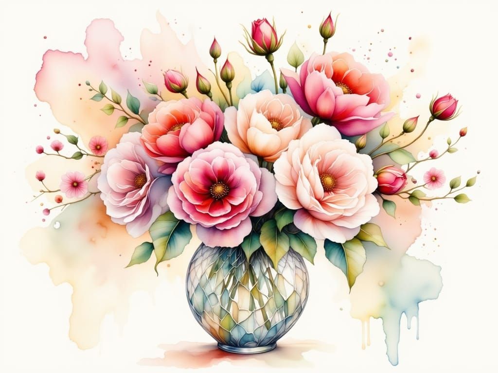 Whimsical Bohemian Watercolor Vase with Roses