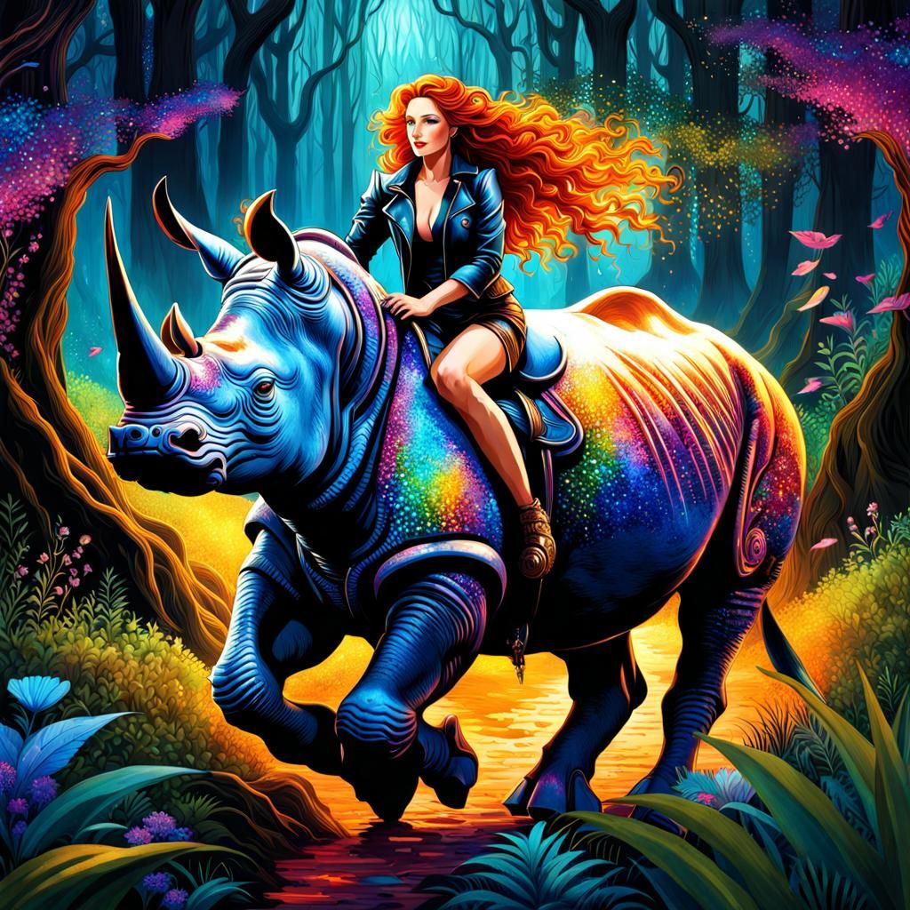 Woman Adventurer Rides Rhino in Bioluminescent Forest