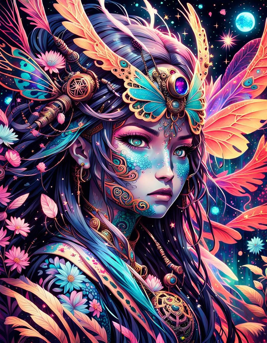 Steampunk Woman in Bioluminescent Forest: Ink Anime Artwork