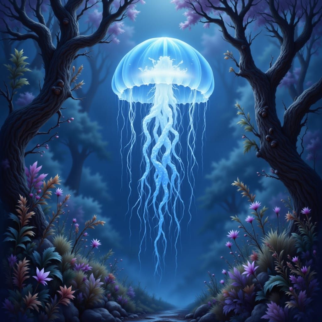 Bioluminescent Jellyfish in Enchanted Forest Twilight
