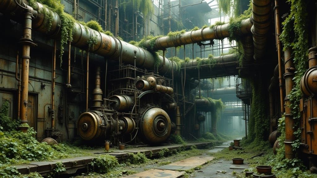 Overgrown Alien Industrial Plant in Steampunk Style