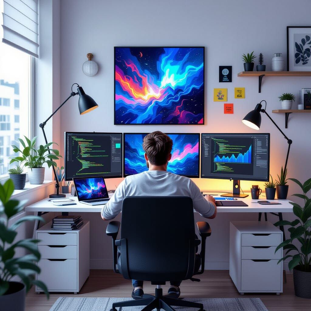 Entrepreneur's Modern Home Office in Digital Art Style