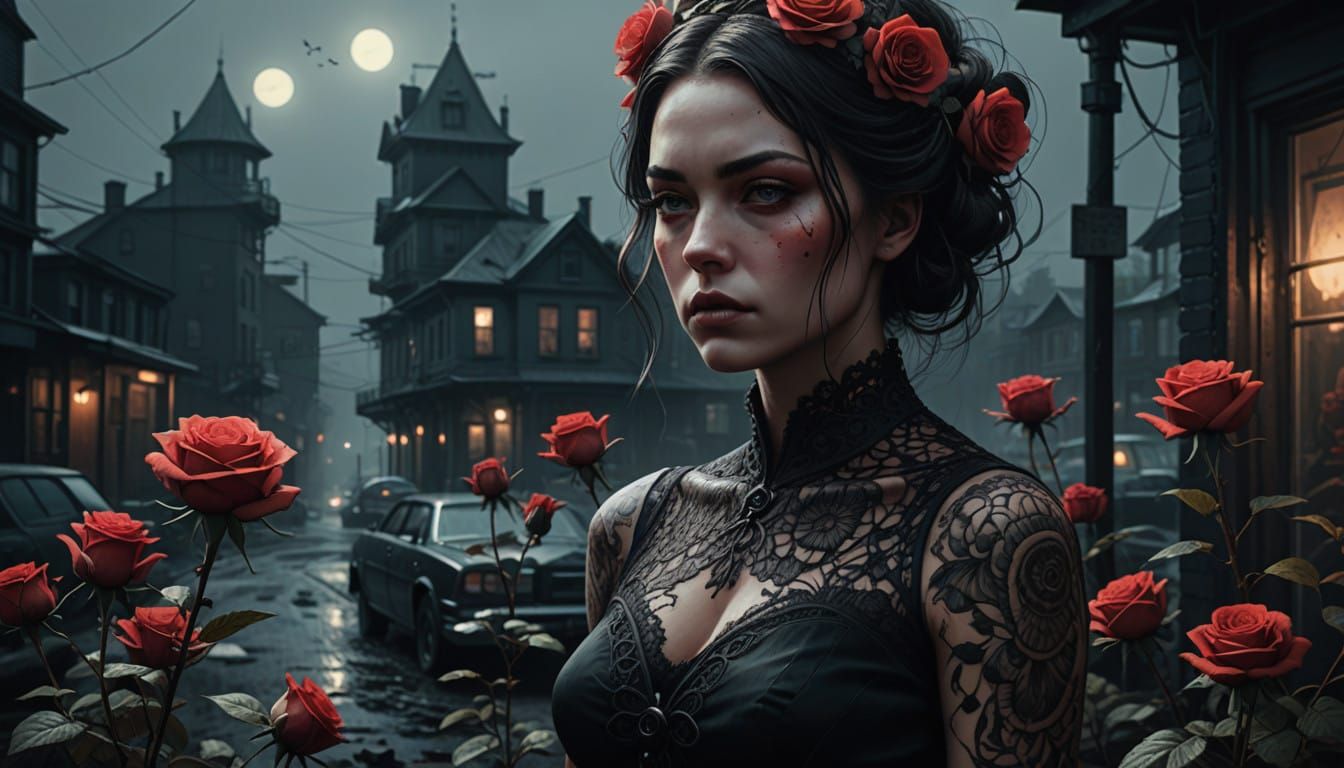 Enigmatic Woman in 3D Tattoos, High-Contrast Noir Style