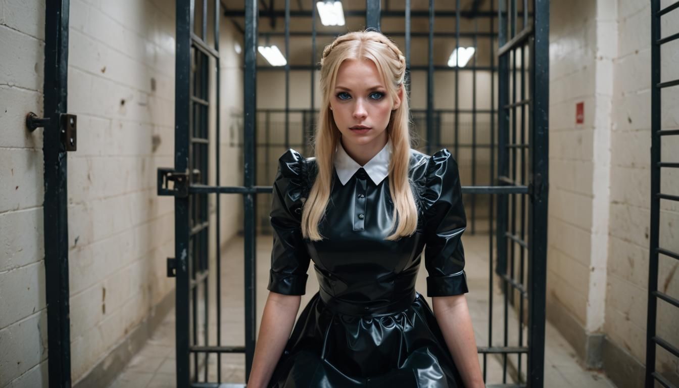 Sultry Blonde in Black Latex Maid Dress, Surrounded by the O...