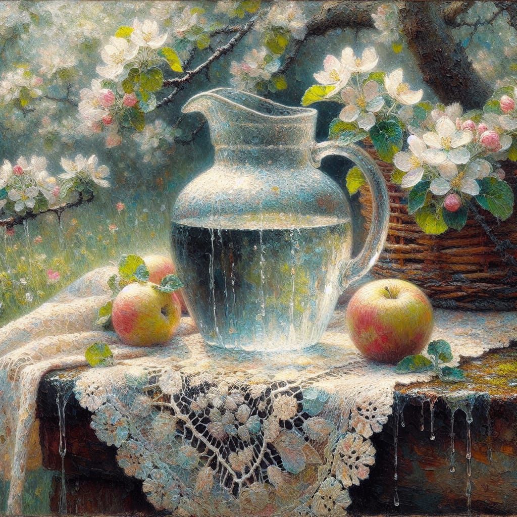 Water Jug Still Life with Apple Blossoms in Impasto Style