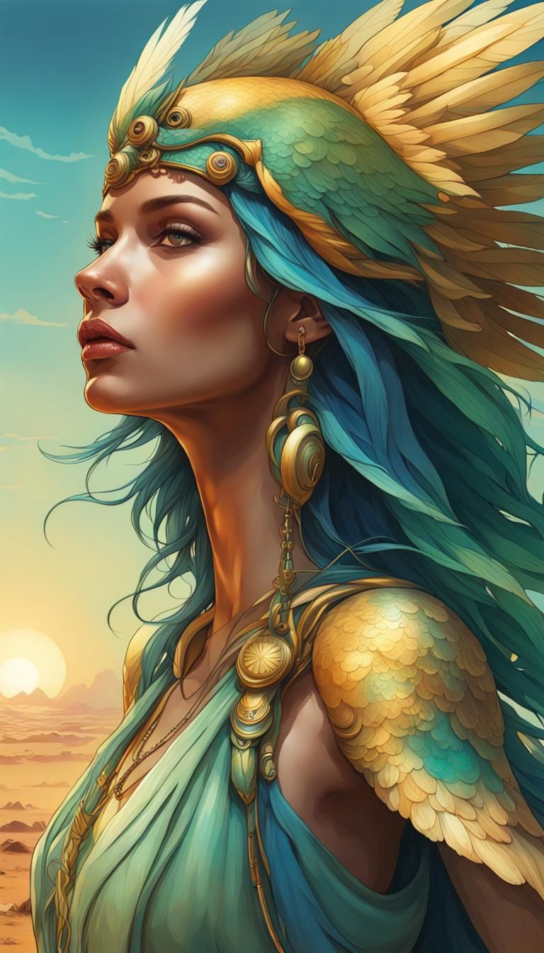 Art Deco Mechanical Bird Portrait at Sunrise