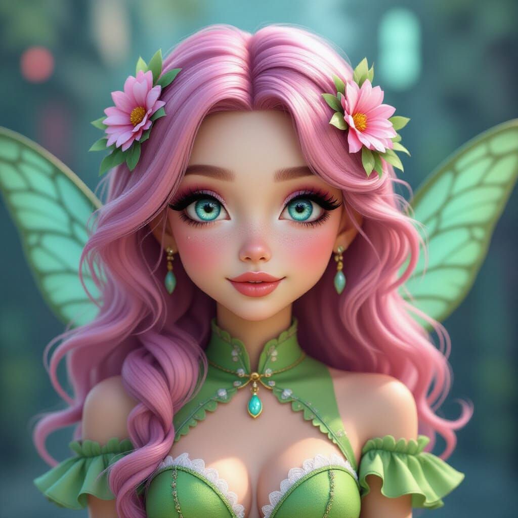 Cyberpunk Fairy in Parrot Green Dress