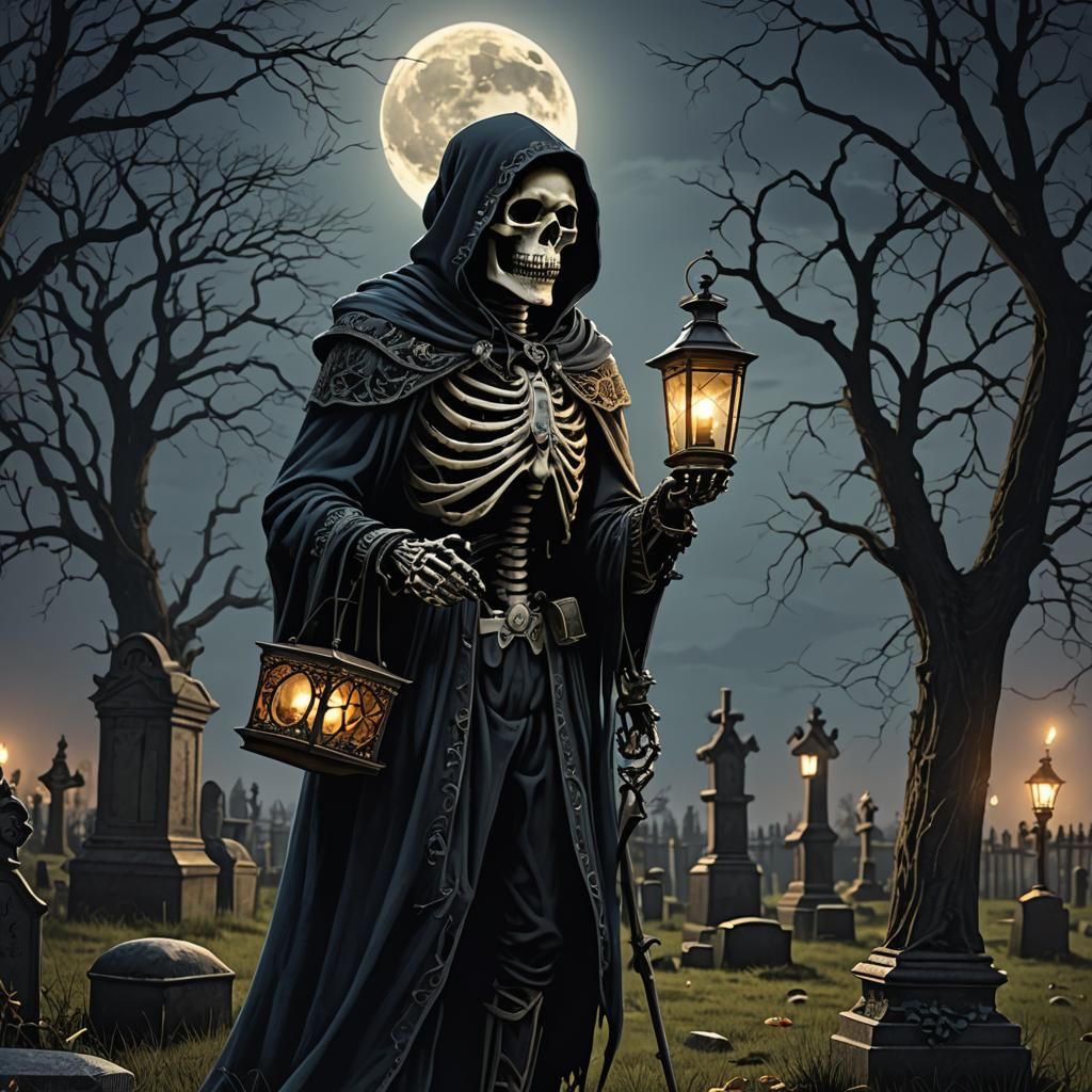 Victorian Graveyard with Hooded Skeleton