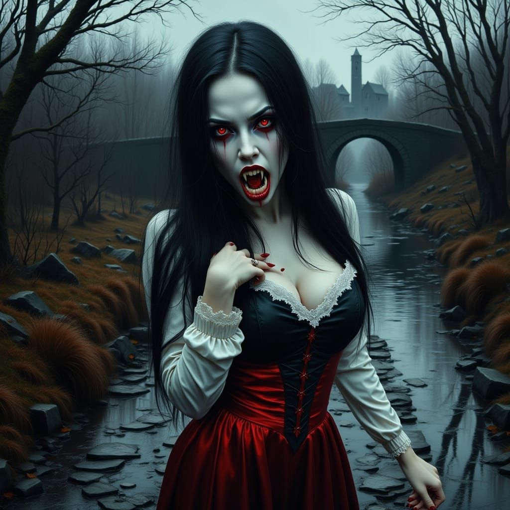 Gothic Vampire Woman with Sinister Eyes in Fairytale Style