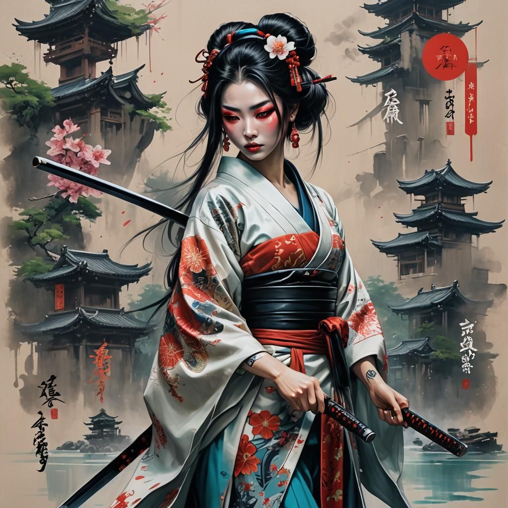 Cyberpunk Geisha with Katana in Japanese Style