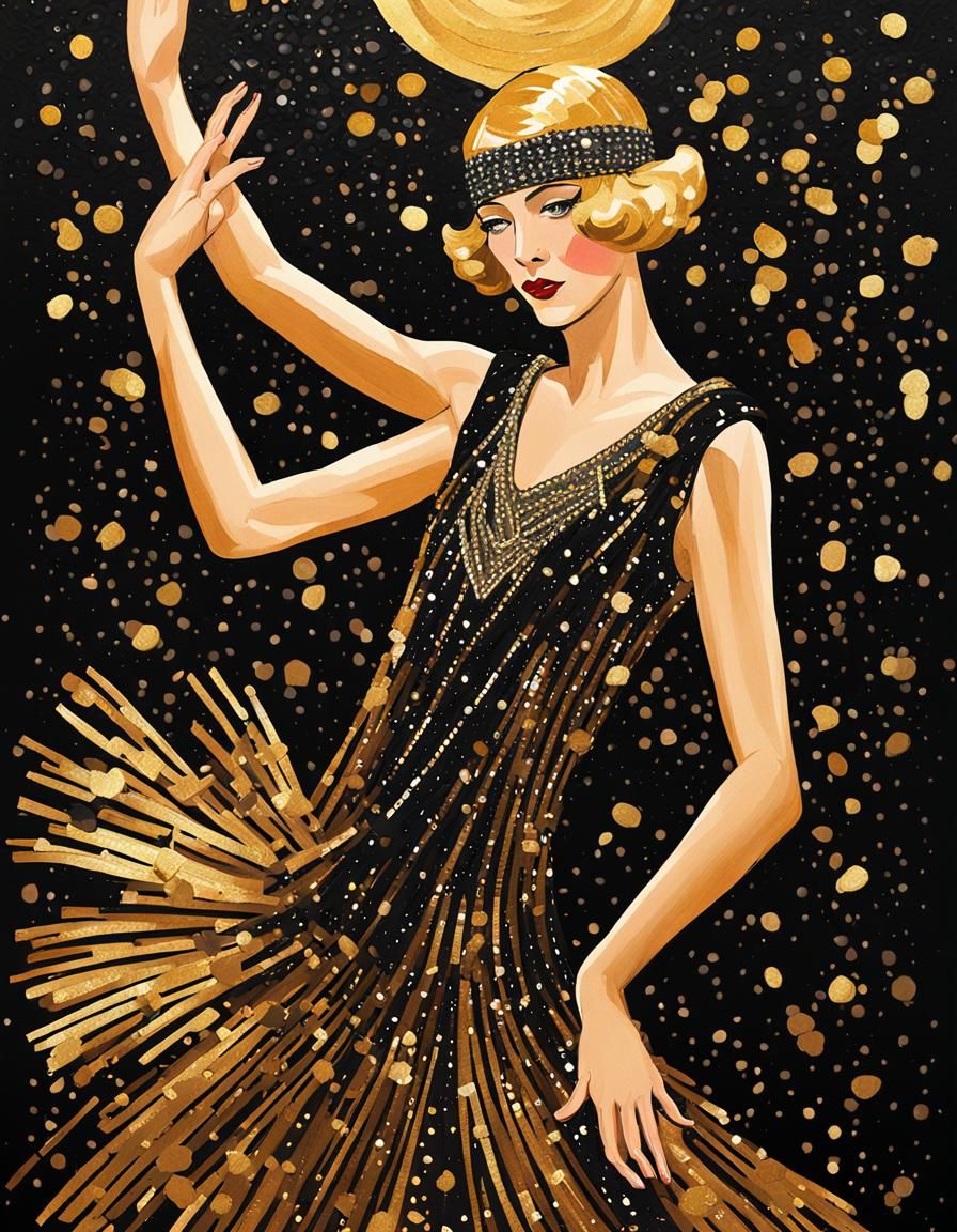 Art Deco Flapper Dancing in Gold and Black
